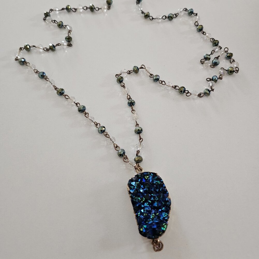 Long blue gem beaded necklace